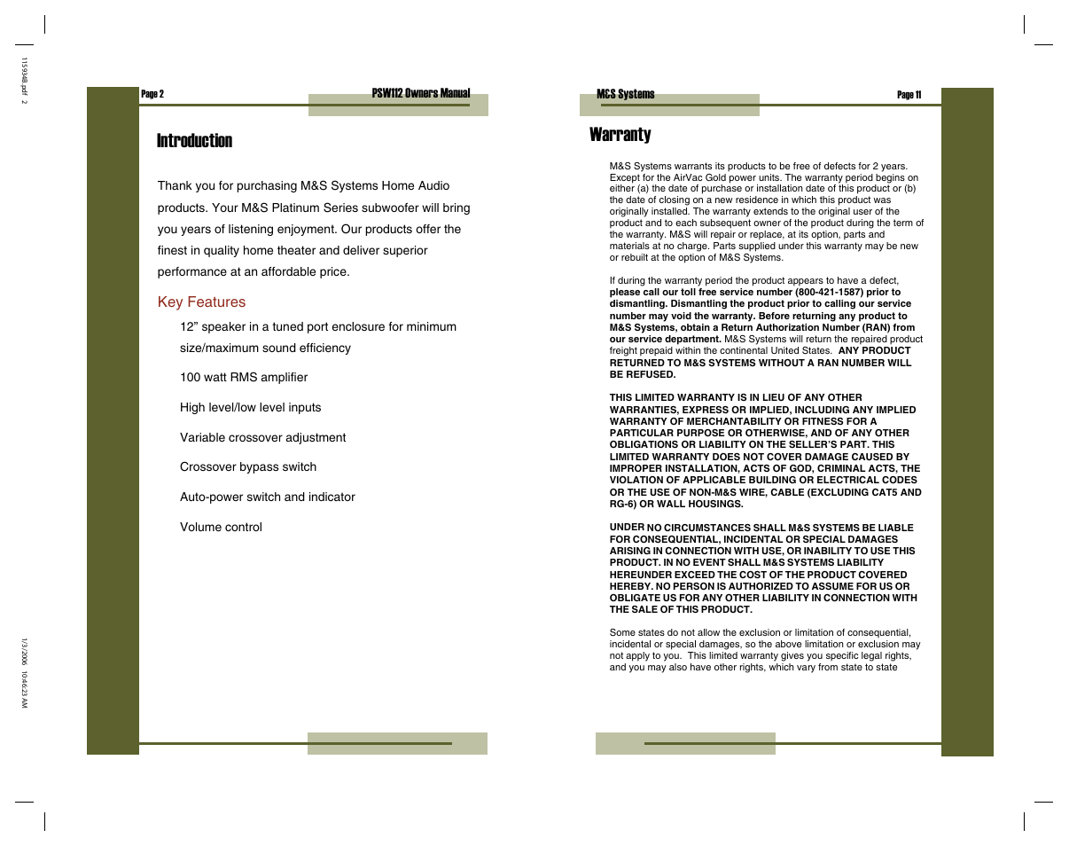 Introduction warranty, Key features, Psw112 owners manual m&s systems | M&S Systems PSW112 User Manual | Page 11 / 12