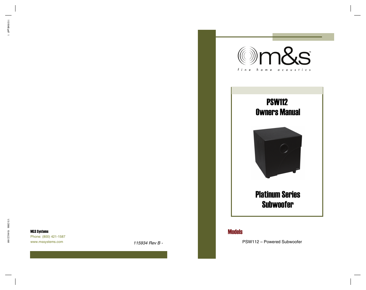 Psw112 owners manual platinum series subwoofer, Models | M&S Systems PSW112 User Manual | Page 12 / 12