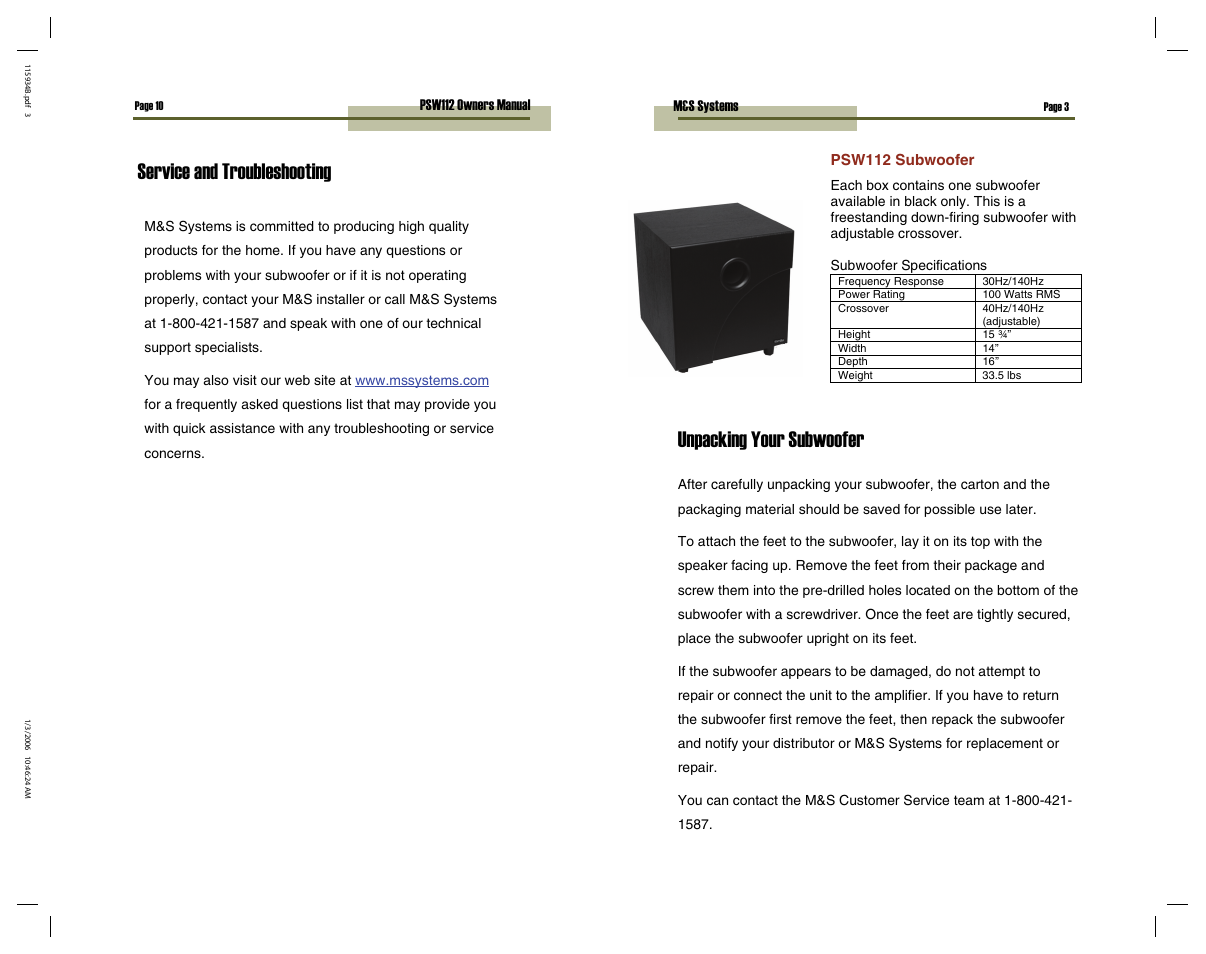 Service and troubleshooting, Unpacking your subwoofer | M&S Systems PSW112 User Manual | Page 3 / 12