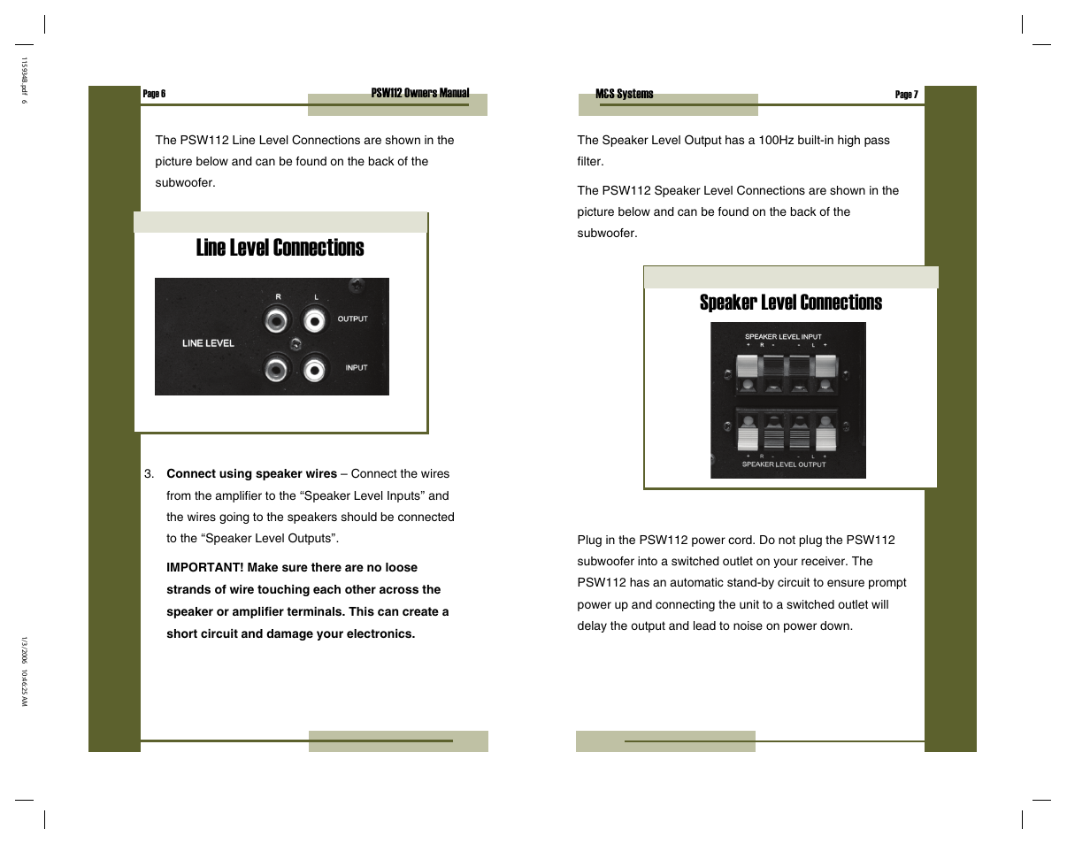Line level connections, Speaker level connections | M&S Systems PSW112 User Manual | Page 6 / 12