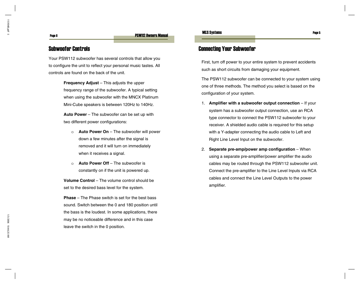 Connecting your subwoofer subwoofer controls | M&S Systems PSW112 User Manual | Page 8 / 12