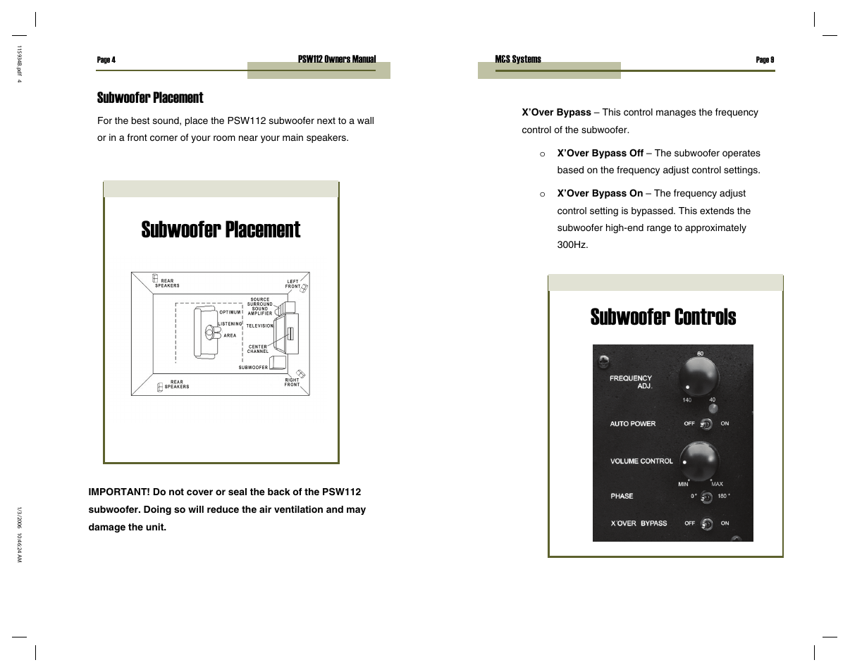 Subwoofer controls, Subwoofer placement | M&S Systems PSW112 User Manual | Page 9 / 12