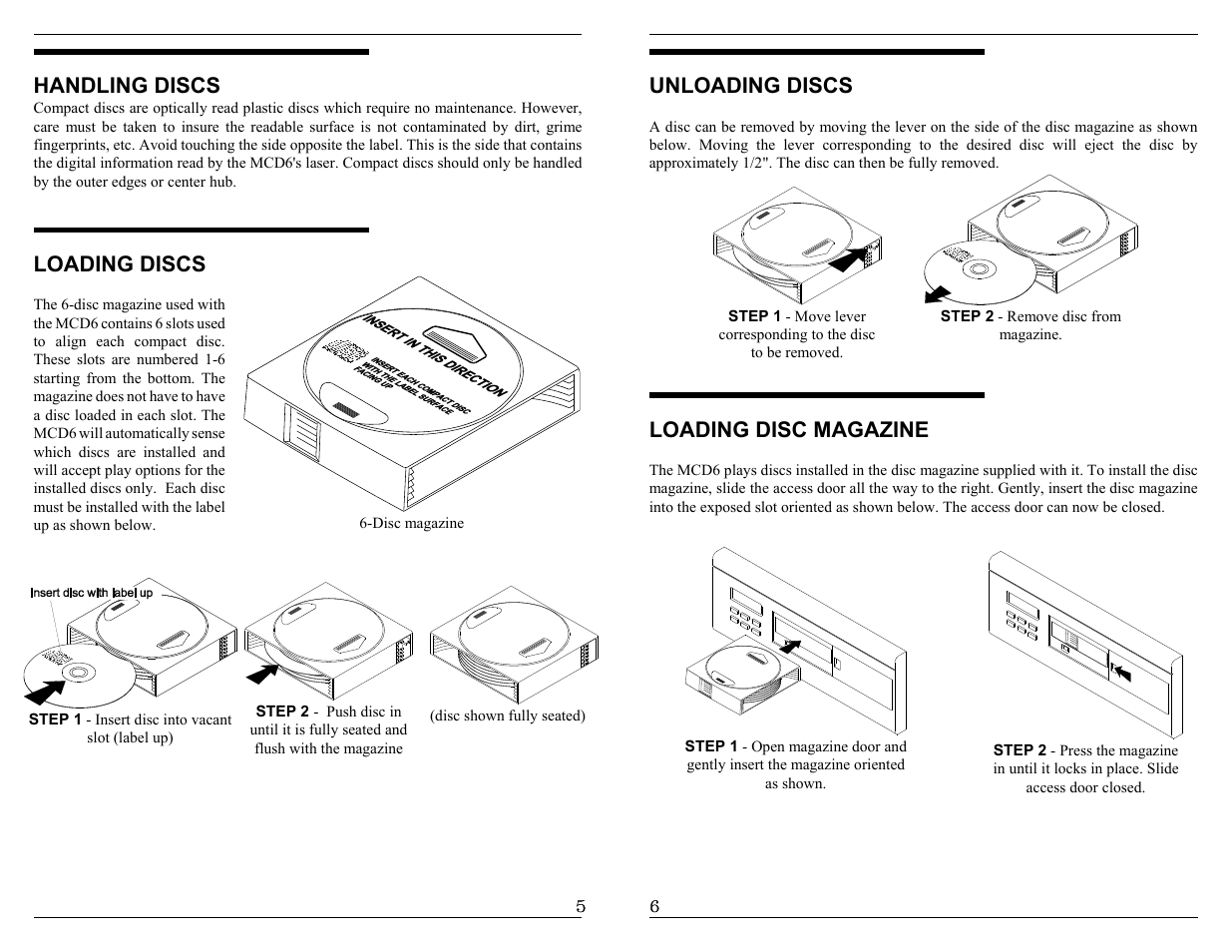 Handling discs, Loading discs, Unloading discs | Loading disc magazine | M&S Systems MCD6 User Manual | Page 4 / 6