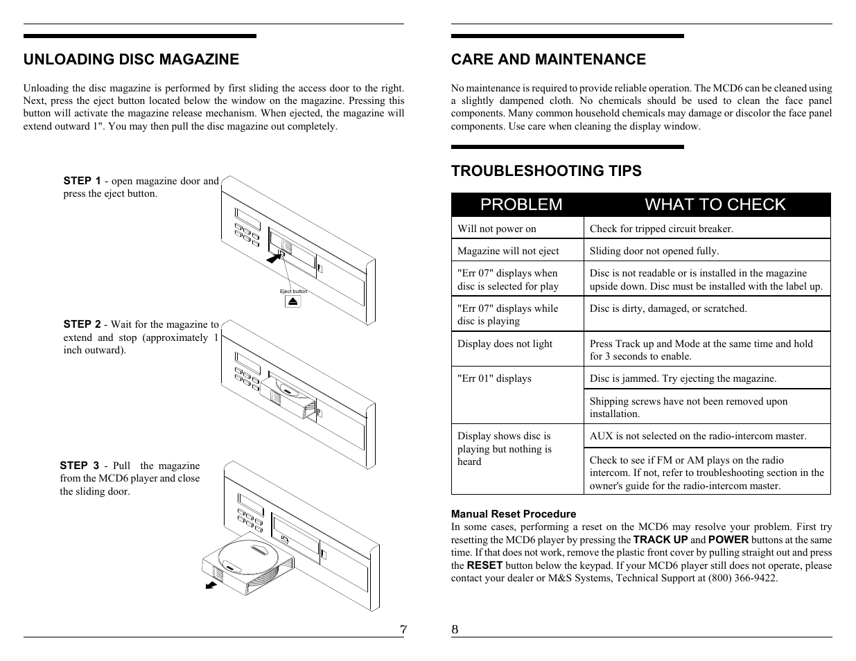 Unloading disc magazine, Care and maintenance, Troubleshooting tips | M&S Systems MCD6 User Manual | Page 5 / 6