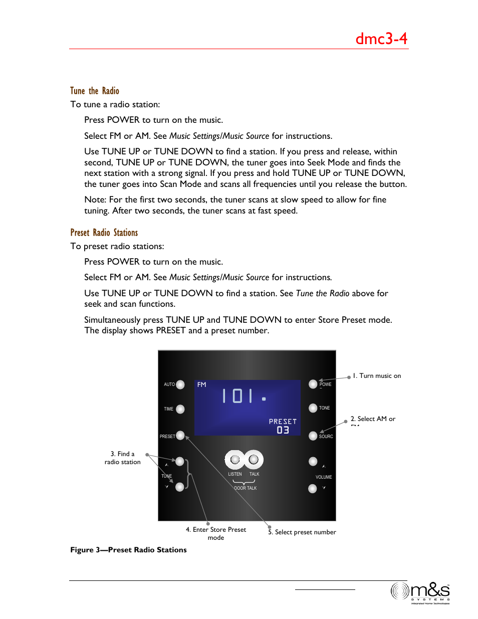 Dmc3-4, Tune the radio, Preset radio stations | M&S Systems dmc3-4/dmc1CD User Manual | Page 10 / 24