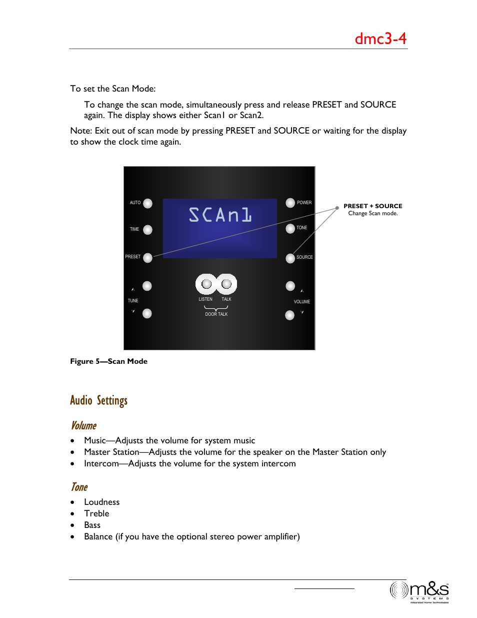 Scan1, Dmc3-4, Audio settings | Volume, Tone | M&S Systems dmc3-4/dmc1CD User Manual | Page 12 / 24