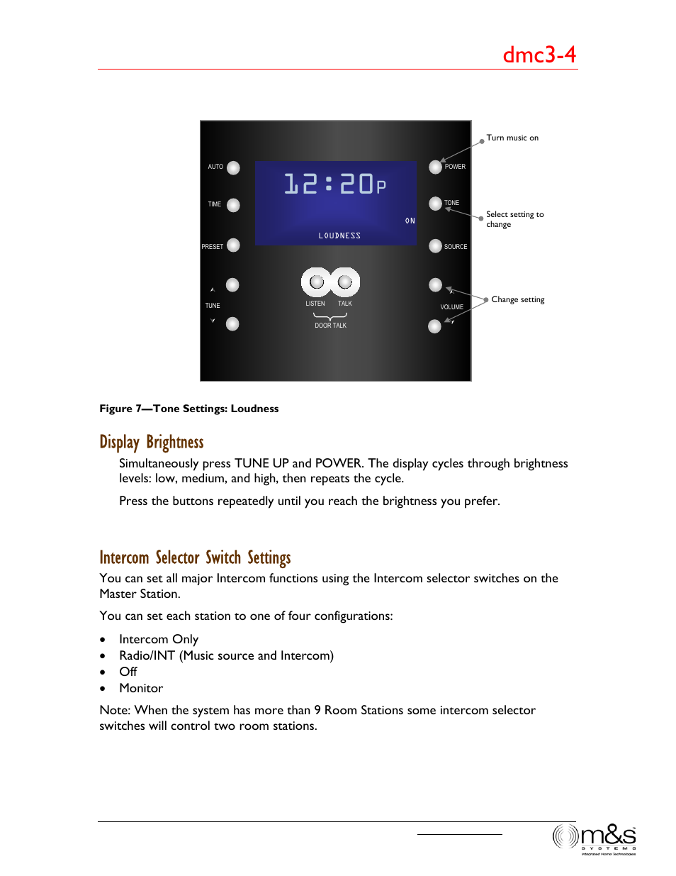 Dmc3-4, Display brightness, Intercom selector switch settings | M&S Systems dmc3-4/dmc1CD User Manual | Page 14 / 24