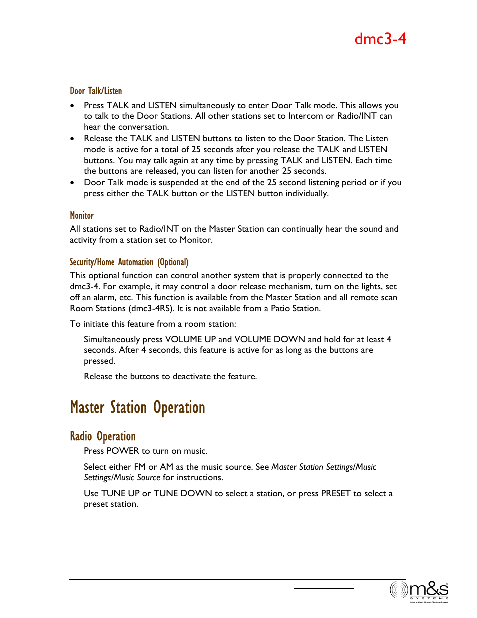 Master station operation, Dmc3-4, Radio operation | M&S Systems dmc3-4/dmc1CD User Manual | Page 17 / 24