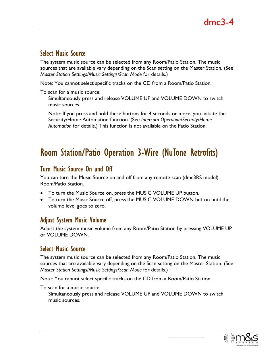 Dmc3-4, Select music source, Turn music source on and off | Adjust system music volume | M&S Systems dmc3-4/dmc1CD User Manual | Page 19 / 24