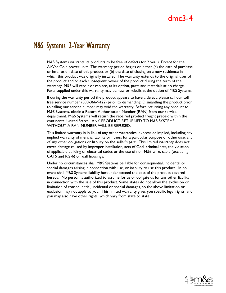 M&s systems 2-year warranty, Dmc3-4 | M&S Systems dmc3-4/dmc1CD User Manual | Page 23 / 24