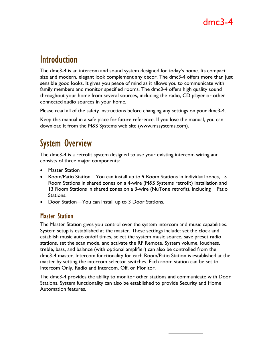 Introduction, System overview, Dmc3-4 | Master station | M&S Systems dmc3-4/dmc1CD User Manual | Page 6 / 24
