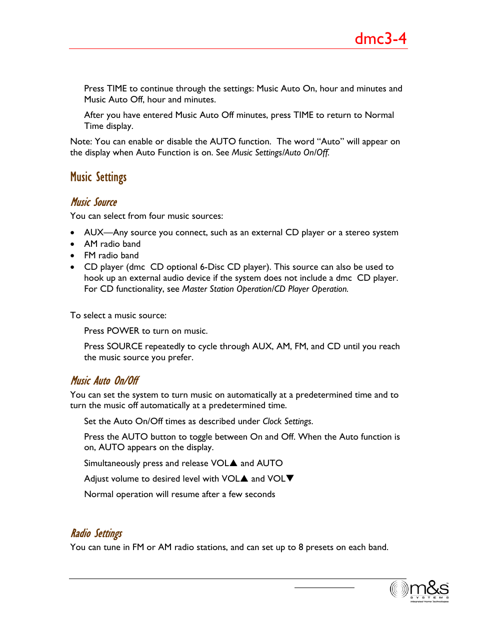 Dmc3-4, Music settings, Music source | Music auto on/off, Radio settings | M&S Systems dmc3-4/dmc1CD User Manual | Page 9 / 24