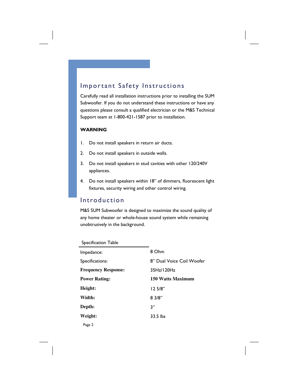 M&S Systems Speaker User Manual | Page 2 / 8