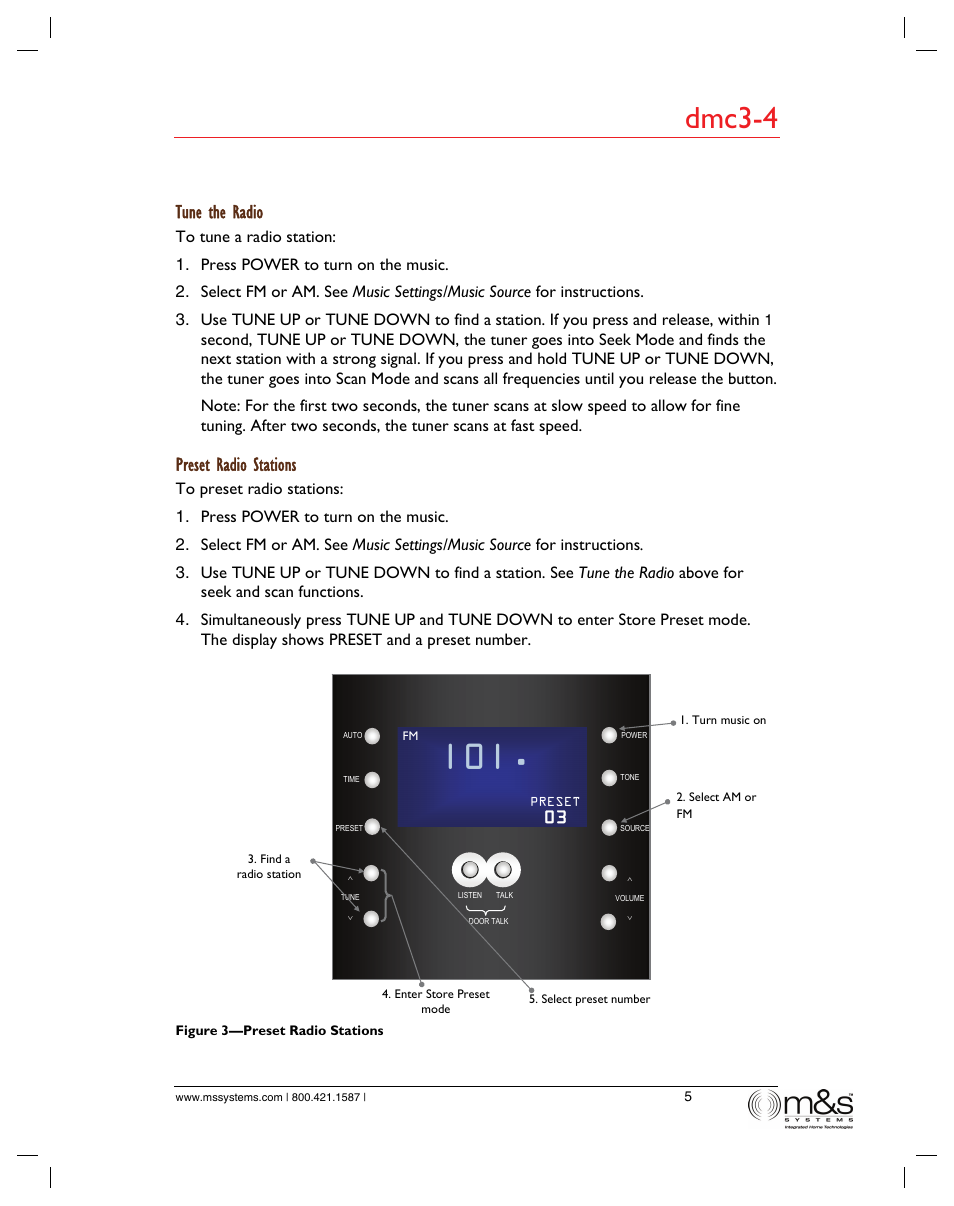 Dmc3-4, Tune the radio, Preset radio stations | M&S Systems dmc3-4/dmc1 User Manual | Page 10 / 24