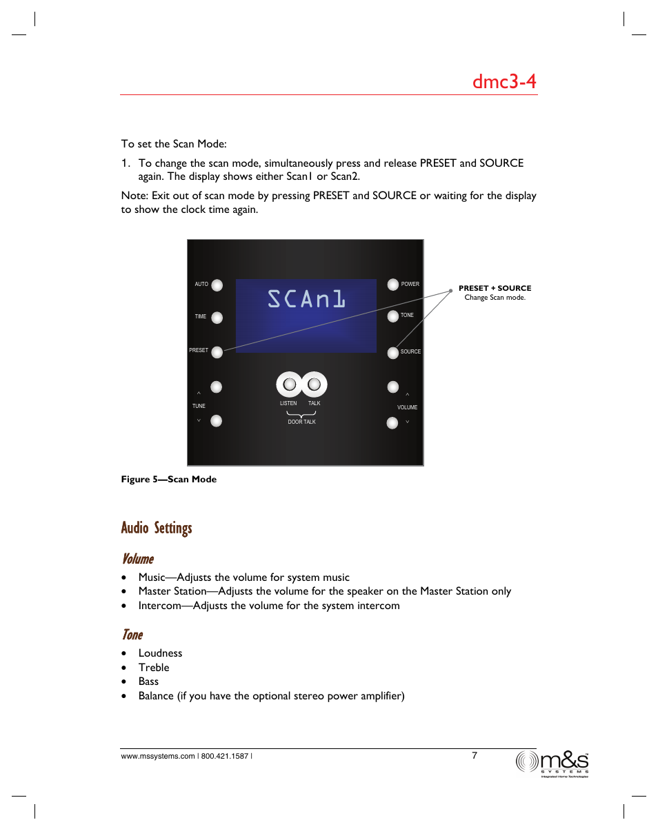 Scan1, Dmc3-4, Audio settings | Volume, Tone | M&S Systems dmc3-4/dmc1 User Manual | Page 12 / 24