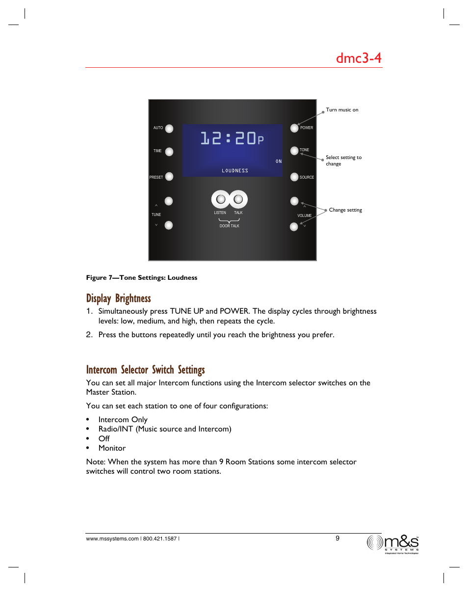 Dmc3-4, Display brightness, Intercom selector switch settings | M&S Systems dmc3-4/dmc1 User Manual | Page 14 / 24