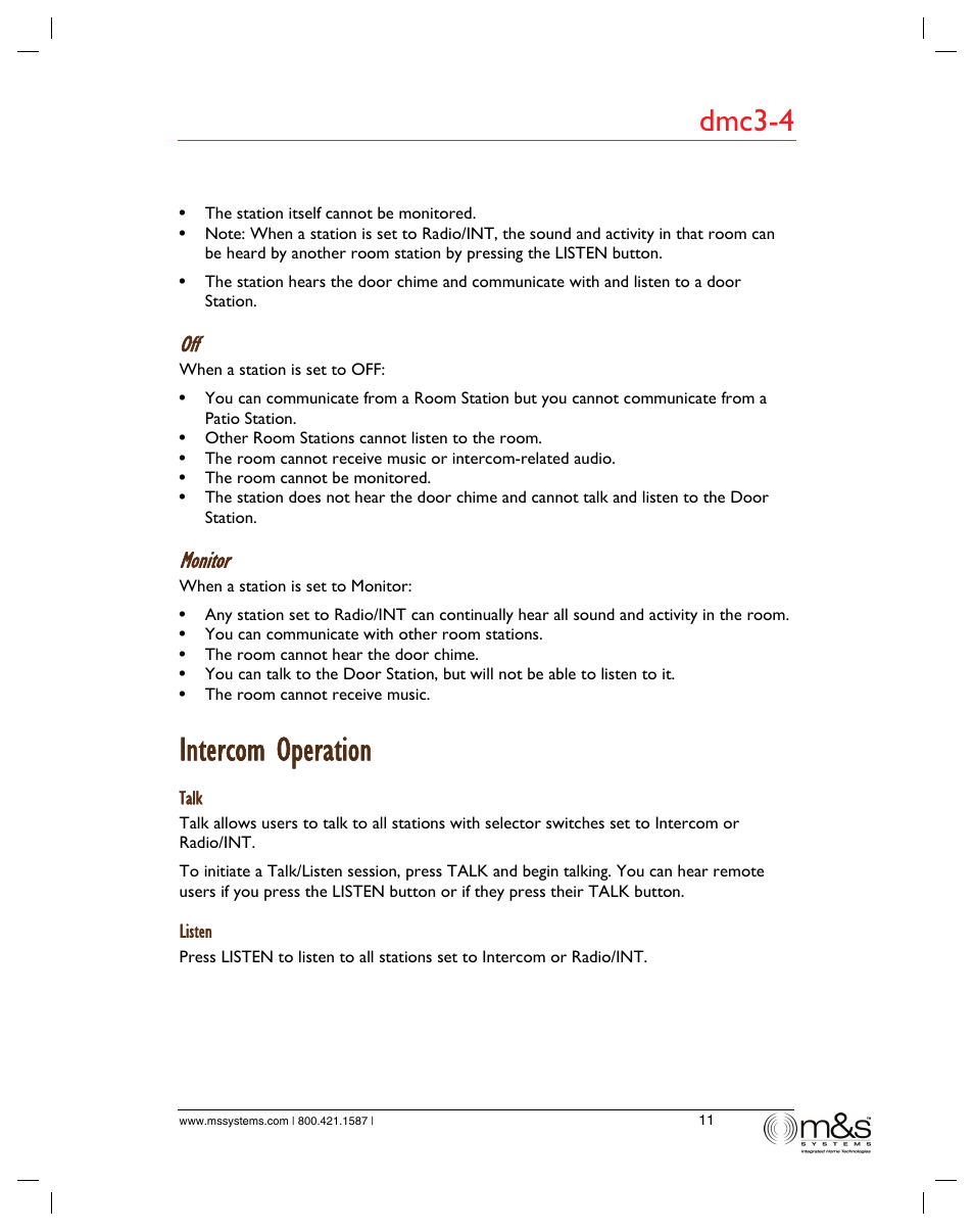 Intercom operation, Dmc3-4, Monitor | M&S Systems dmc3-4/dmc1 User Manual | Page 16 / 24