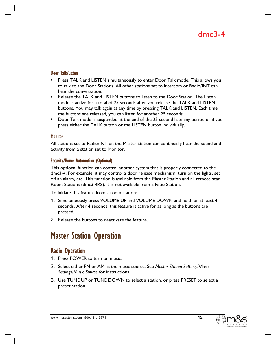 Master station operation, Dmc3-4, Radio operation | M&S Systems dmc3-4/dmc1 User Manual | Page 17 / 24