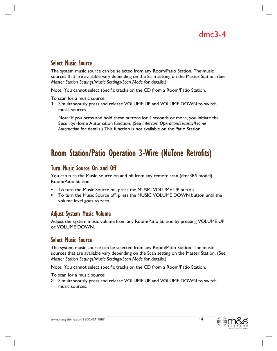 Dmc3-4, Select music source, Turn music source on and off | Adjust system music volume | M&S Systems dmc3-4/dmc1 User Manual | Page 19 / 24