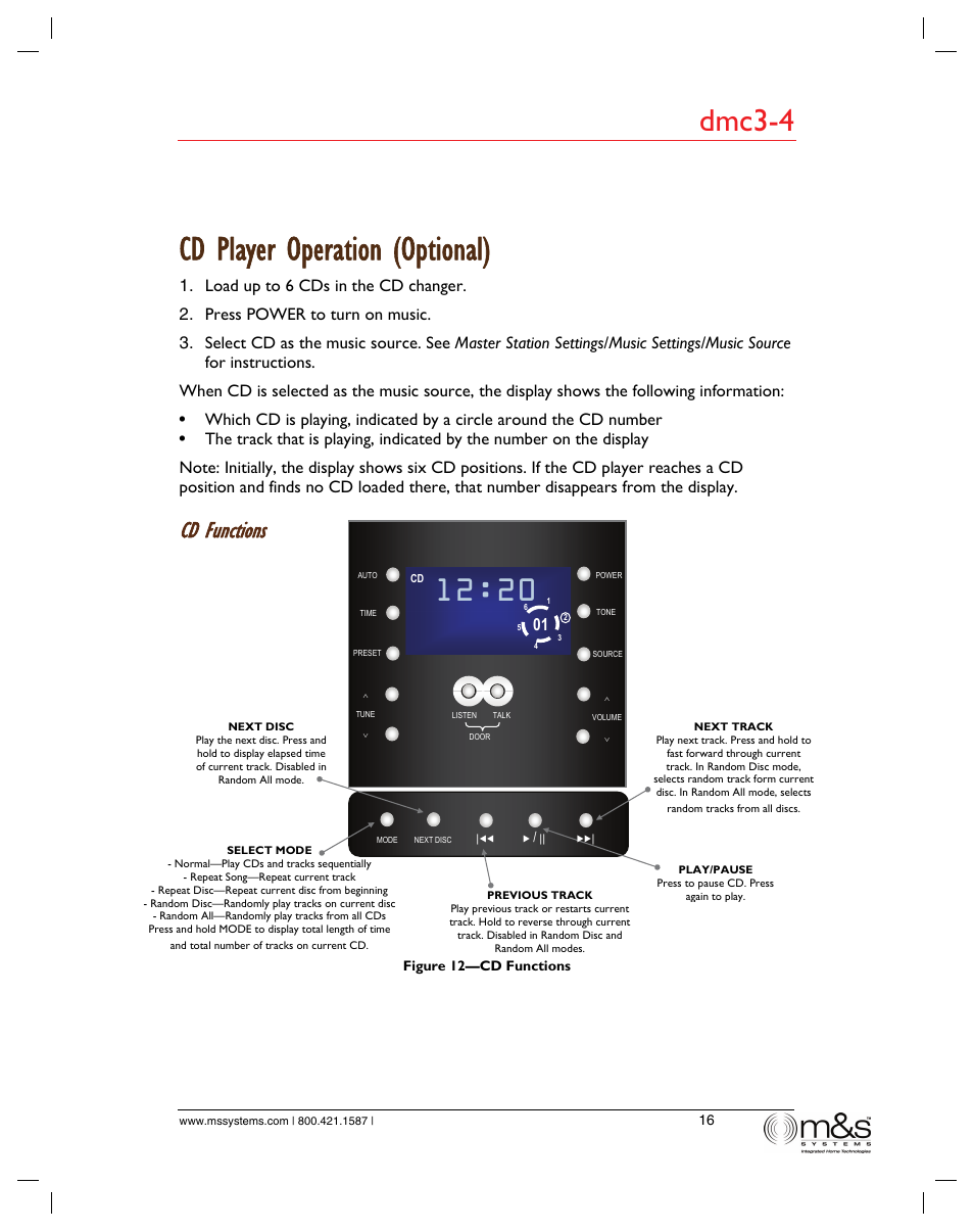 Cd player operation (optional), L2:20, Dmc3-4 | Cd functions | M&S Systems dmc3-4/dmc1 User Manual | Page 21 / 24