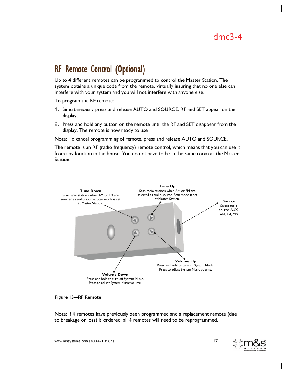 Rf remote control (optional), Dmc3-4 | M&S Systems dmc3-4/dmc1 User Manual | Page 22 / 24