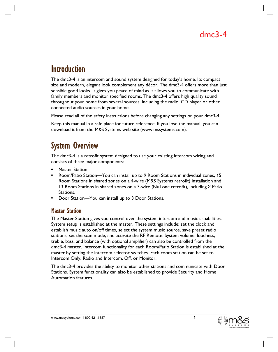 Introduction, System overview, Dmc3-4 | Master station | M&S Systems dmc3-4/dmc1 User Manual | Page 6 / 24