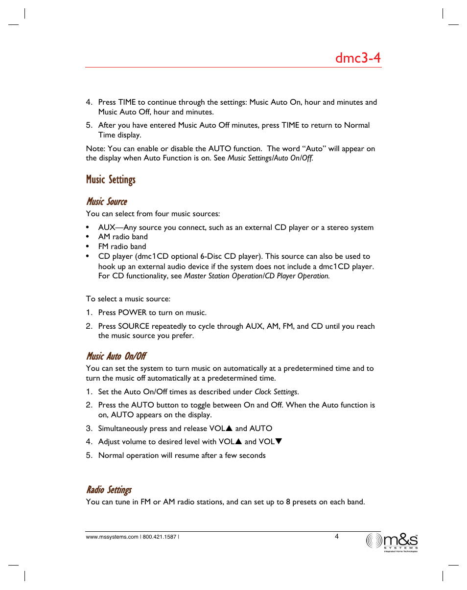 Dmc3-4, Music settings, Music source | Music auto on/off, Radio settings | M&S Systems dmc3-4/dmc1 User Manual | Page 9 / 24