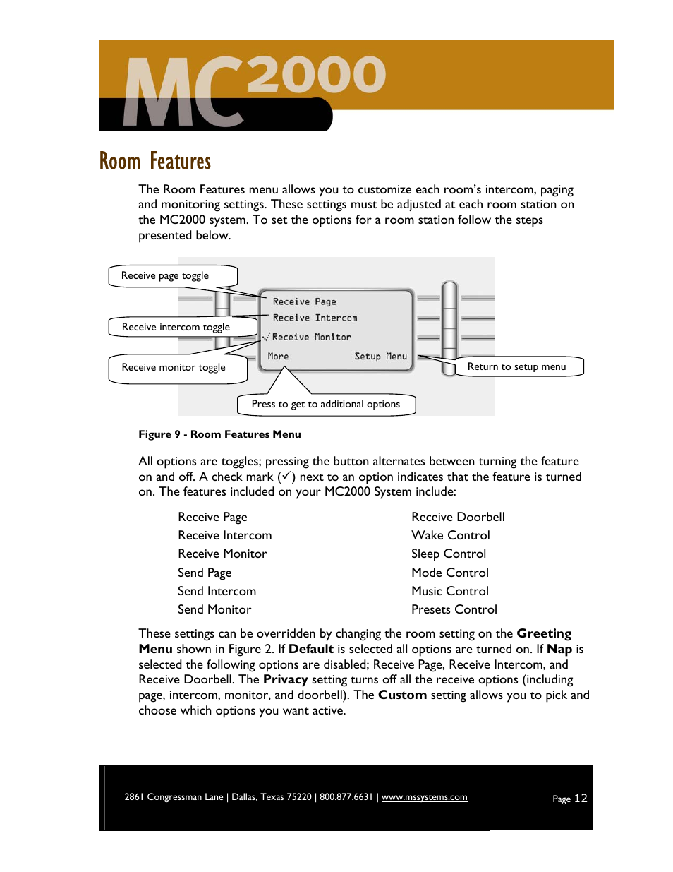 Room features | M&S Systems MC2000 User Manual | Page 14 / 44