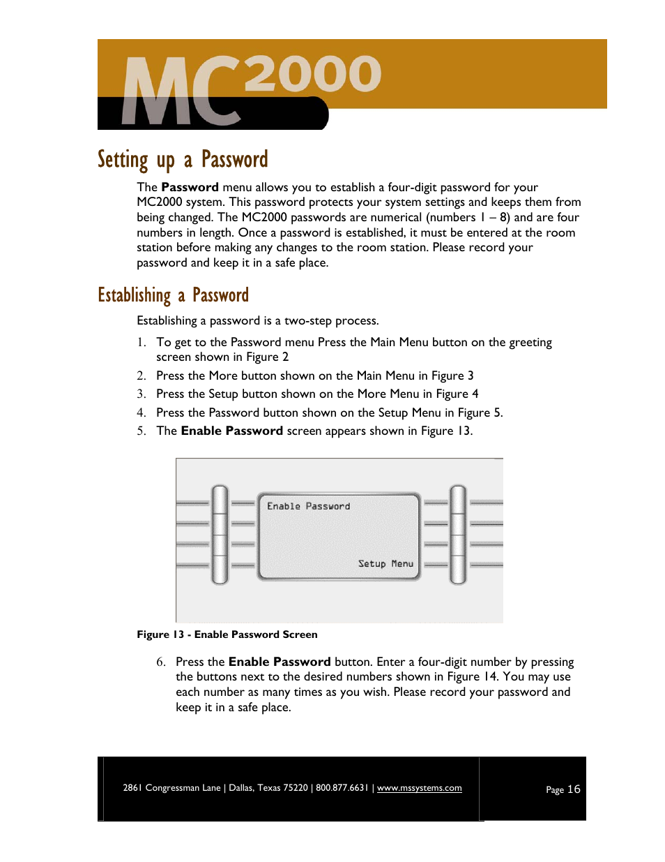 Setting up a password, Establishing a password | M&S Systems MC2000 User Manual | Page 18 / 44