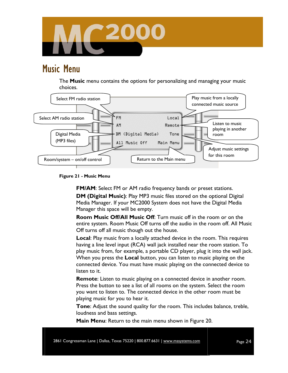 Music menu | M&S Systems MC2000 User Manual | Page 26 / 44