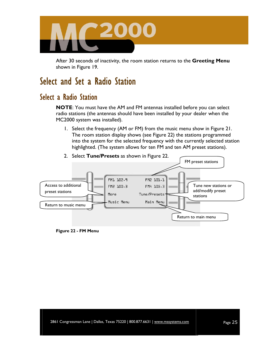 Select and set a radio station, Select a radio station | M&S Systems MC2000 User Manual | Page 27 / 44