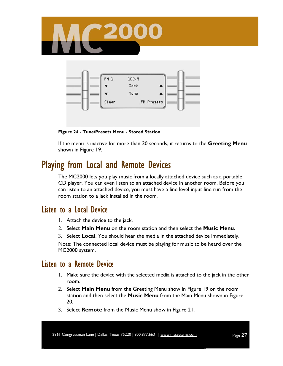 Playing from local and remote devices, Listen to a local device, Listen to a remote device | M&S Systems MC2000 User Manual | Page 29 / 44
