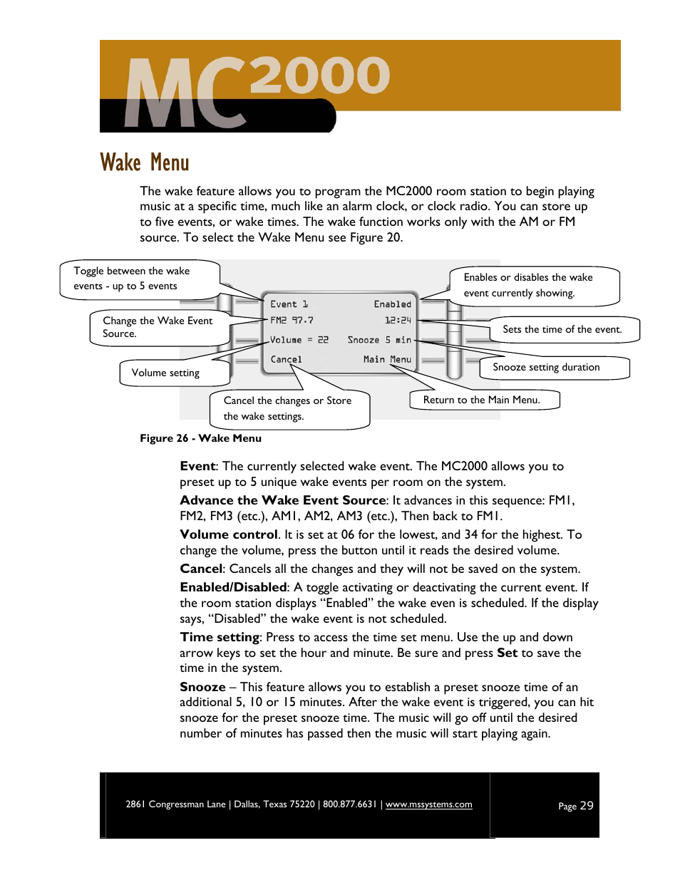 Wake menu | M&S Systems MC2000 User Manual | Page 31 / 44