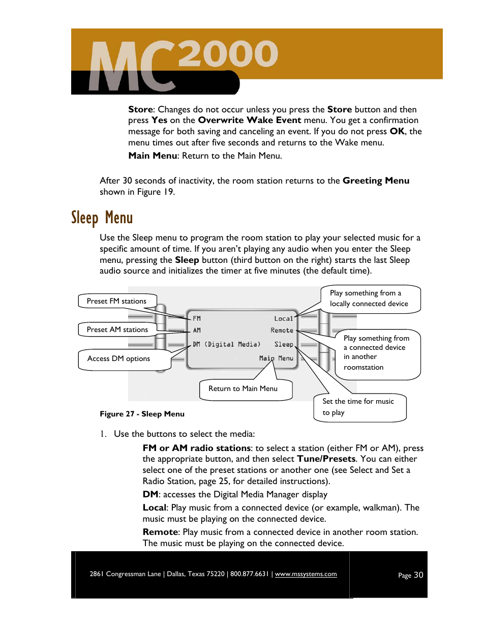 Sleep menu | M&S Systems MC2000 User Manual | Page 32 / 44