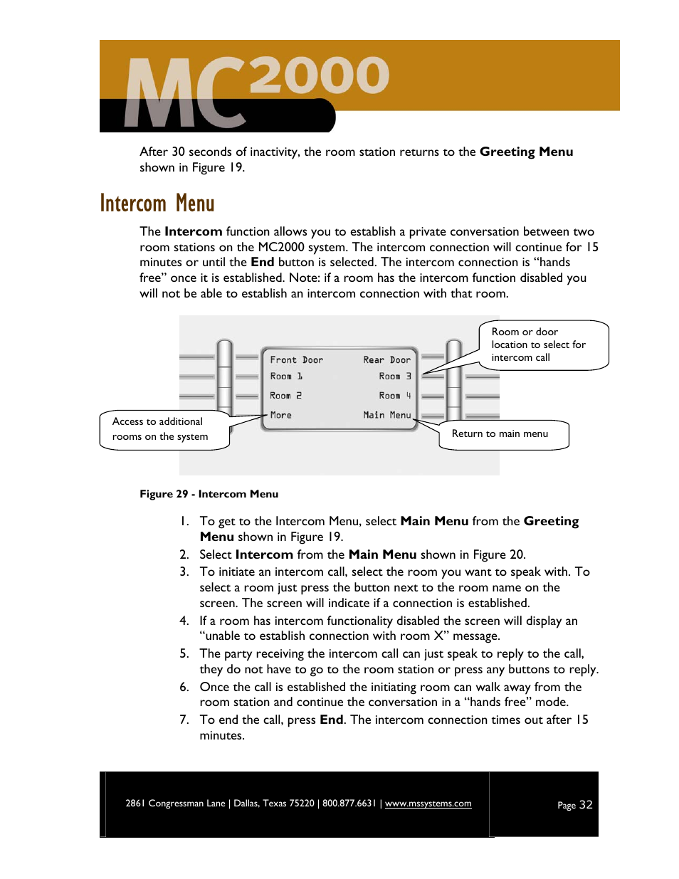 Intercom menu | M&S Systems MC2000 User Manual | Page 34 / 44