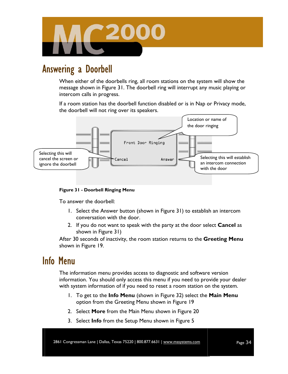 Answering a doorbell, Info menu | M&S Systems MC2000 User Manual | Page 36 / 44