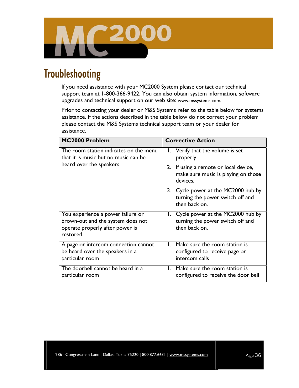 Troubleshooting | M&S Systems MC2000 User Manual | Page 38 / 44