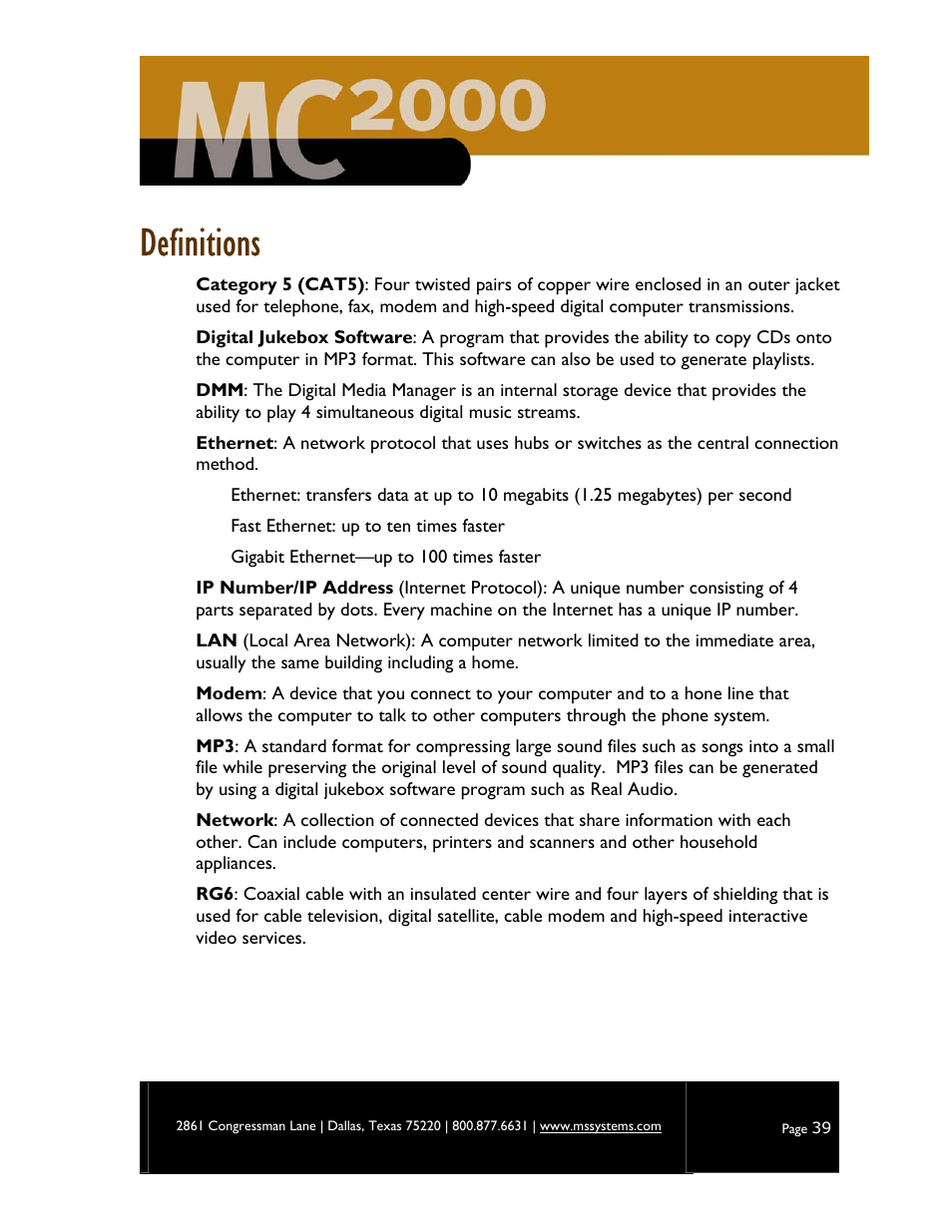 Definitions | M&S Systems MC2000 User Manual | Page 41 / 44