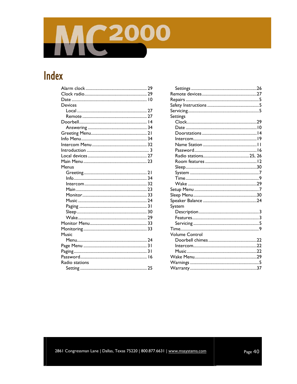 Index | M&S Systems MC2000 User Manual | Page 42 / 44