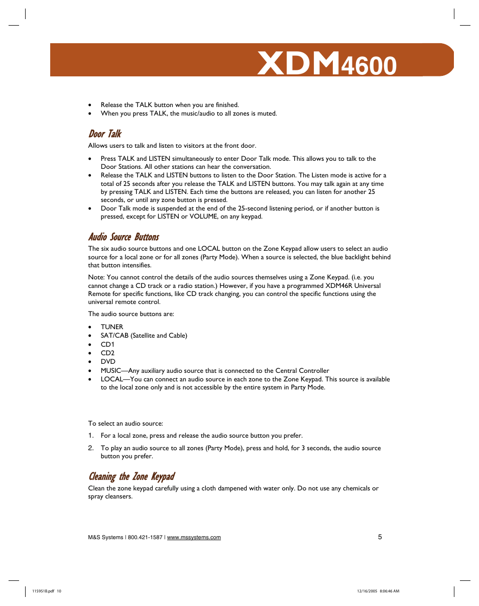Door talk, Audio source buttons, Cleaning the zone keypad | M&S Systems XDM4600 User Manual | Page 10 / 30