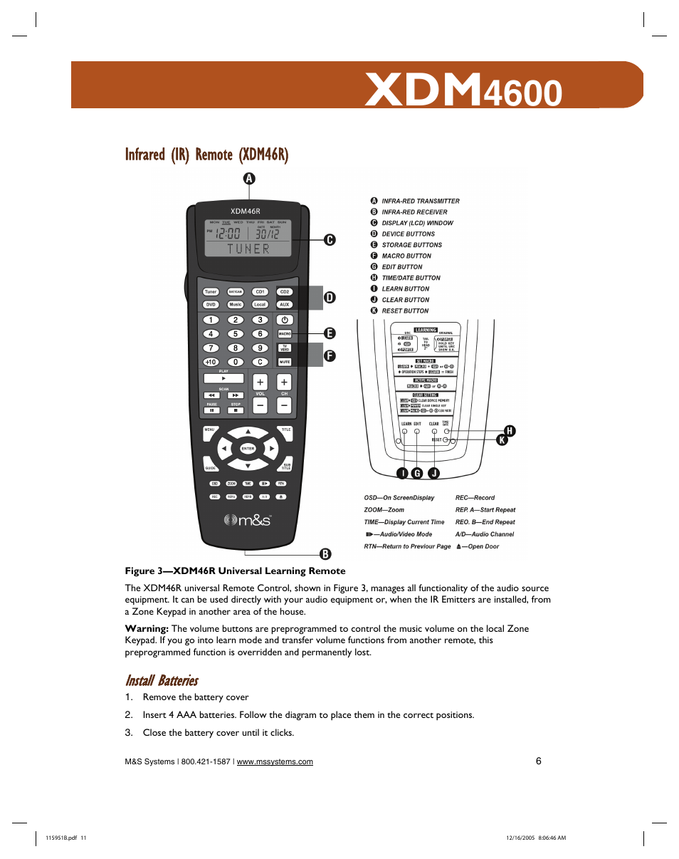 Infrared (ir) remote (xdm46r), Install batteries | M&S Systems XDM4600 User Manual | Page 11 / 30