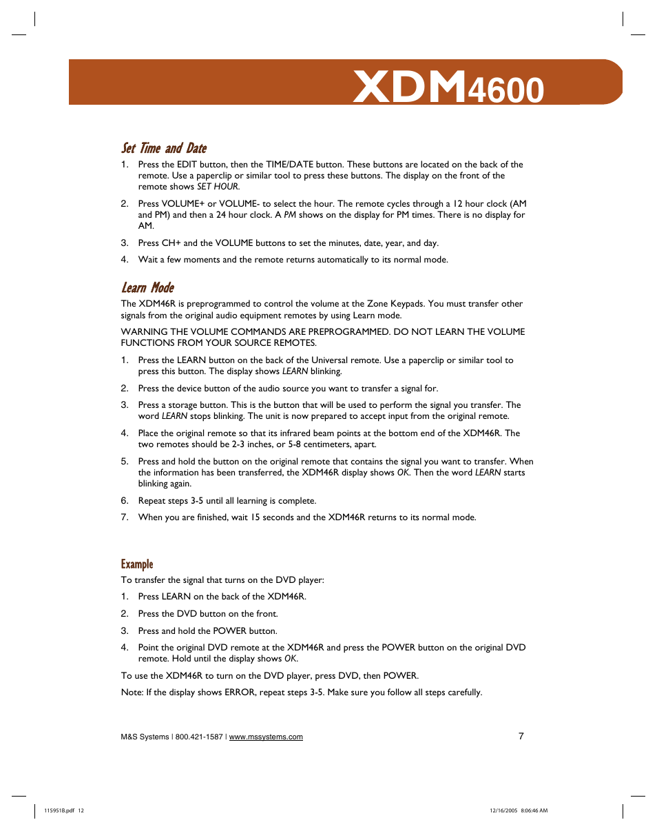 Set time and date, Learn mode, Example | M&S Systems XDM4600 User Manual | Page 12 / 30
