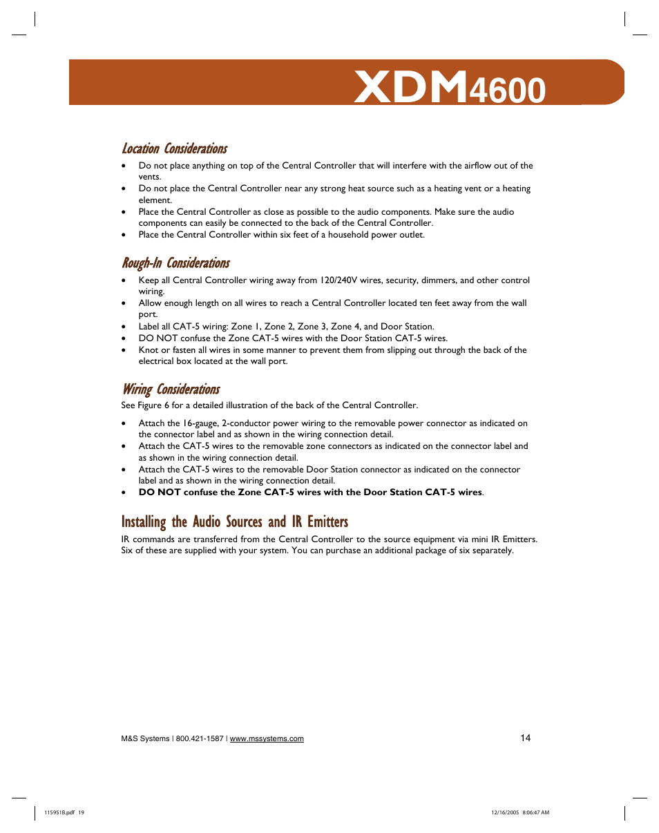 Installing the audio sources and ir emitters, Location considerations, Rough-in considerations | Wiring considerations | M&S Systems XDM4600 User Manual | Page 19 / 30