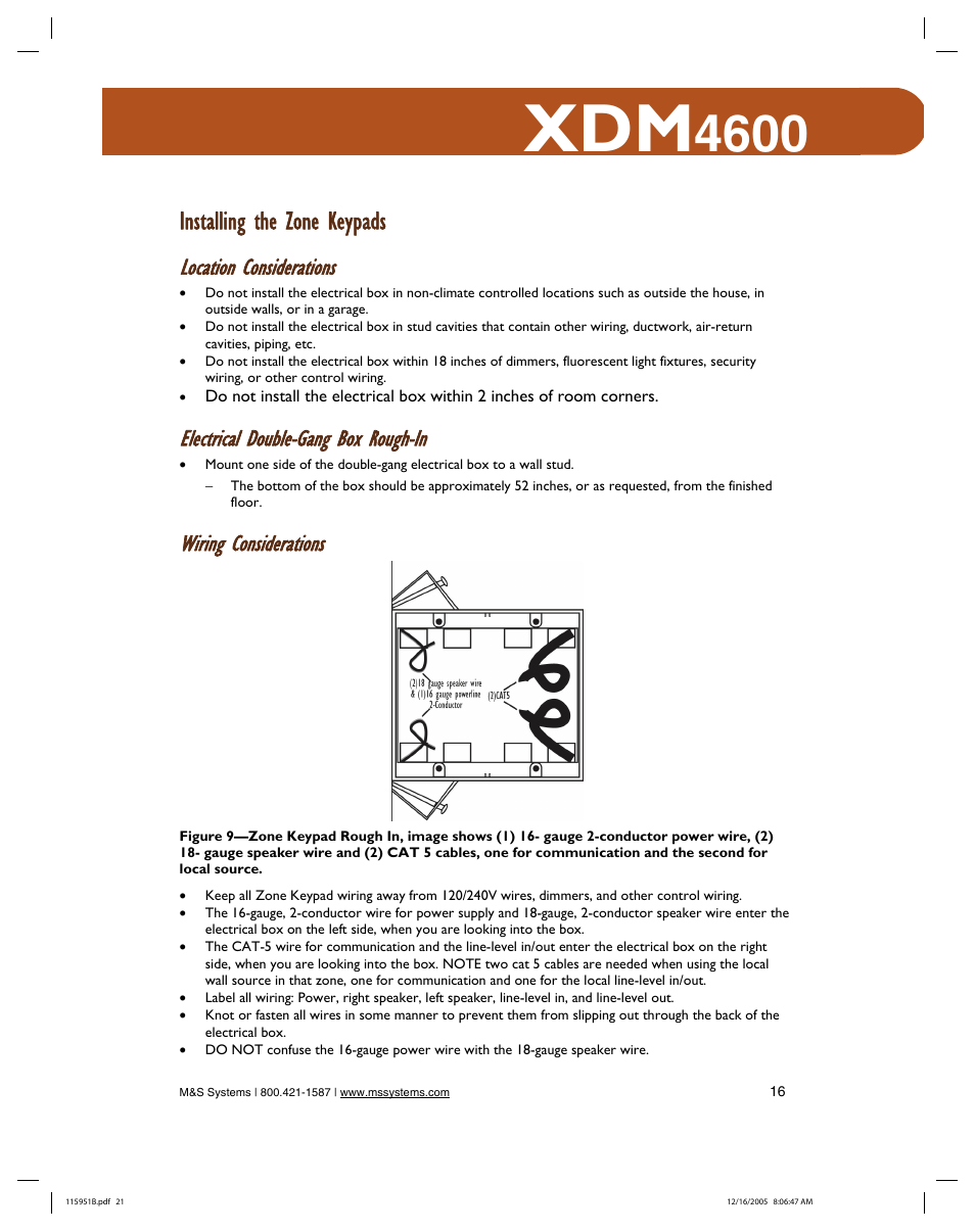 Installing the zone keypads, Location considerations, Electrical double-gang box rough-in | Wiring considerations | M&S Systems XDM4600 User Manual | Page 21 / 30