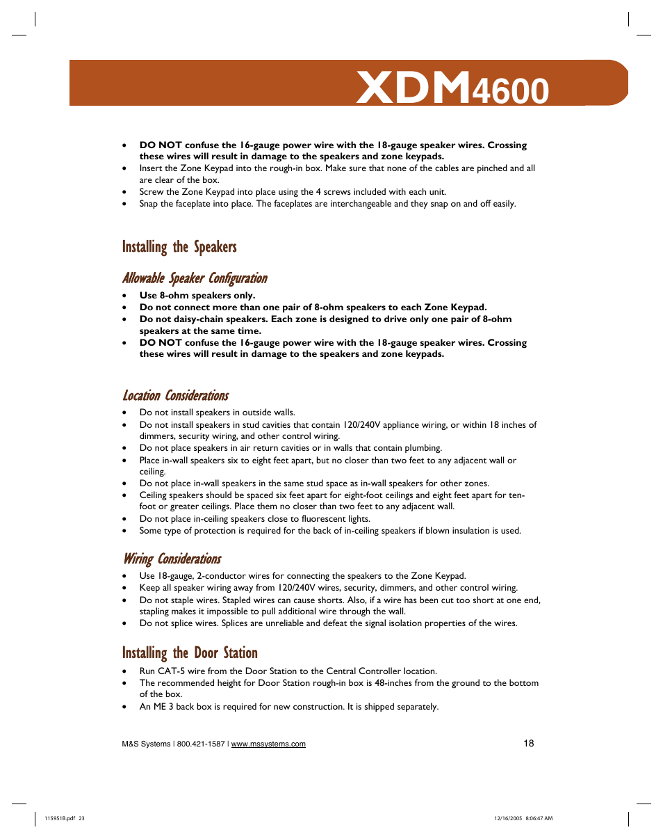 Installing the speakers, Installing the door station, Allowable speaker configuration | Location considerations, Wiring considerations | M&S Systems XDM4600 User Manual | Page 23 / 30