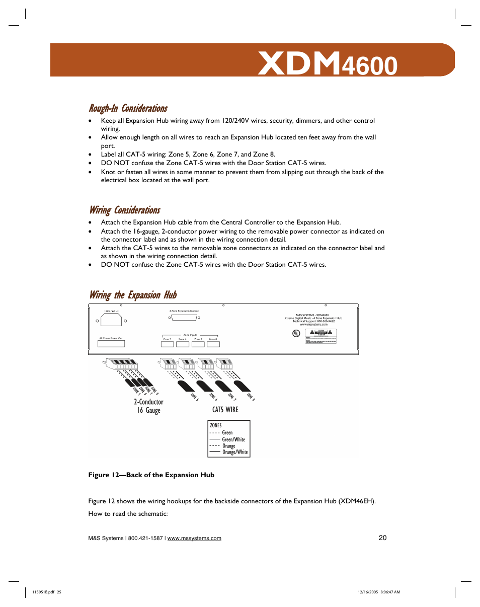 Rough-in considerations, Wiring considerations, Wiring the expansion hub | M&S Systems XDM4600 User Manual | Page 25 / 30