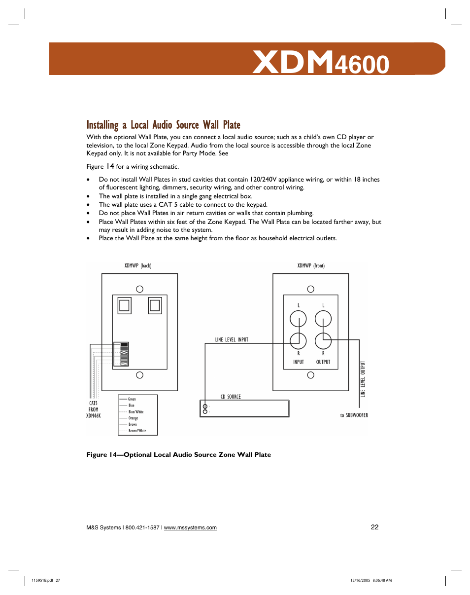 Installing a local audio source wall plate | M&S Systems XDM4600 User Manual | Page 27 / 30