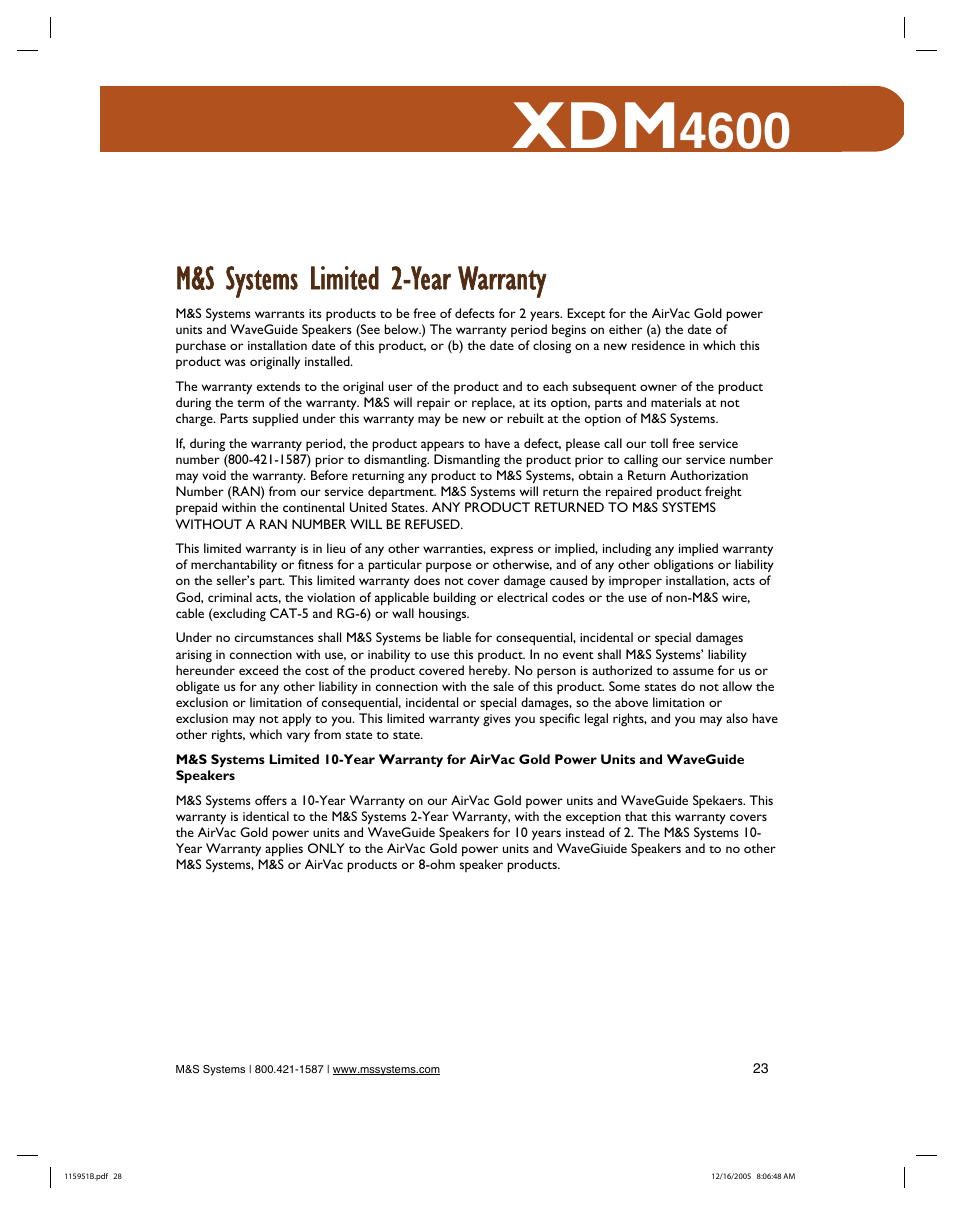 M&s systems limited 2-year warranty | M&S Systems XDM4600 User Manual | Page 28 / 30