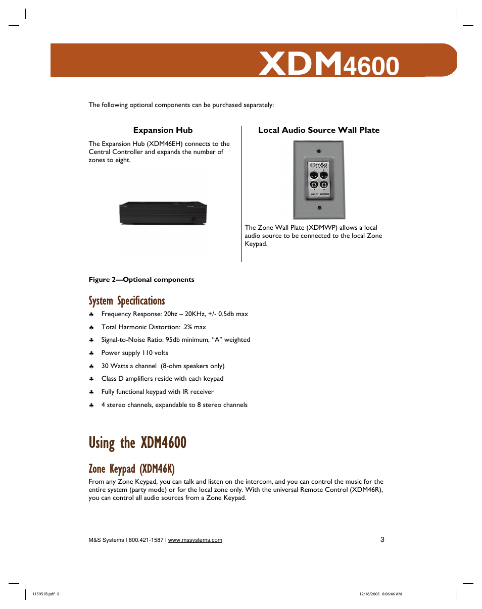 Using the xdm4600, System specifications, Zone keypad (xdm46k) | M&S Systems XDM4600 User Manual | Page 8 / 30