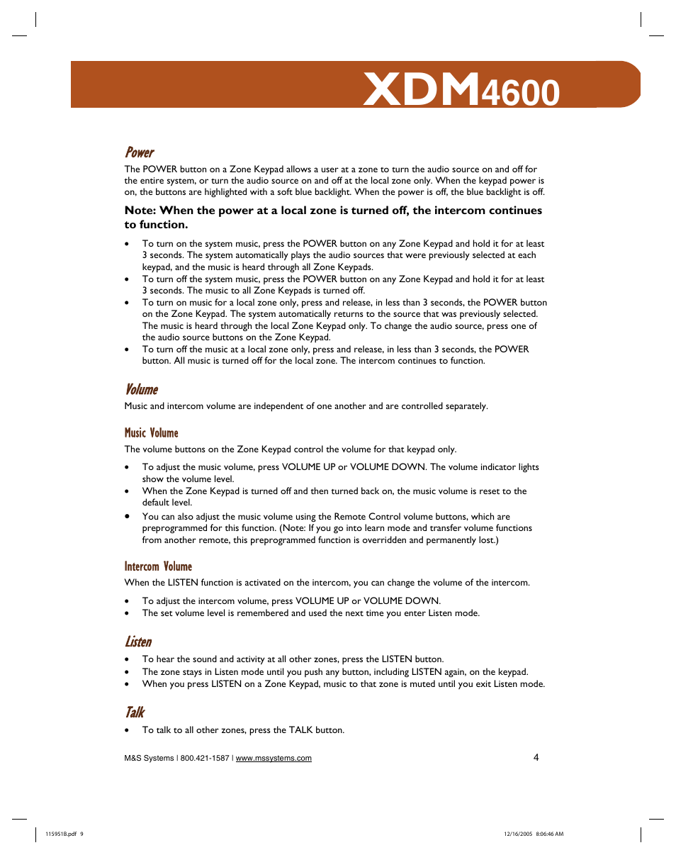 Power, Volume, Listen | Talk | M&S Systems XDM4600 User Manual | Page 9 / 30